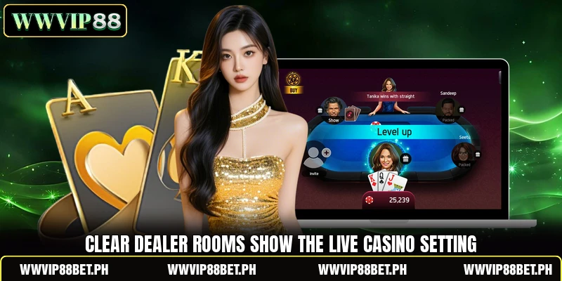 Clear dealer rooms show the live casino setting