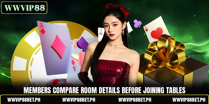 Members compare room details before joining tables Members compare room details before joining tables